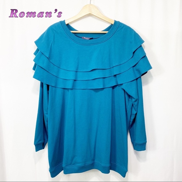 Roman's Tops - Roman's Teal Triple Ruffle Neckline Tunic Sweatshirt 2x